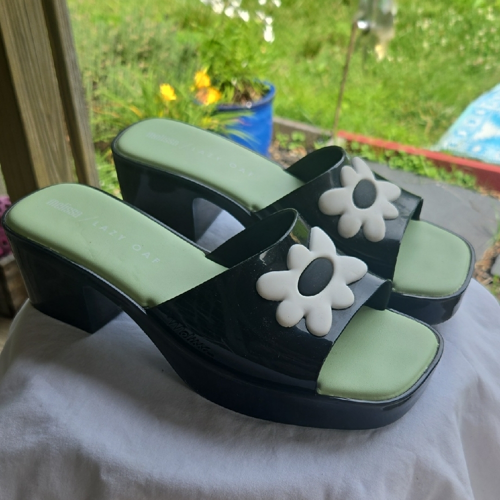 Melissa Black and White Platform Sandals with Floral Accents